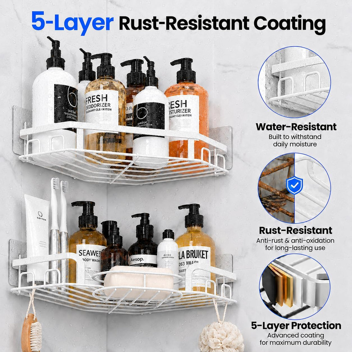Corner Shower Caddy, Rustproof Shower Organizer with Soap Holder and 8 Hooks, No Drilling Adhesive Shower Shelves for Inside Shower, Large Capacity Shower Rack for Bathroom Shower Storage, White