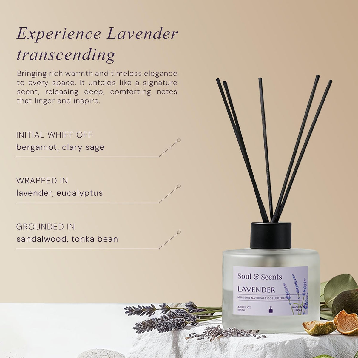Soul & Scents Lavender Scented 4.06 oz (120ml) Reed Diffuser Set with 6 Fiber Sticks for Room Decor | Home Fragrance Reed Diffuser | Air Freshners for Home