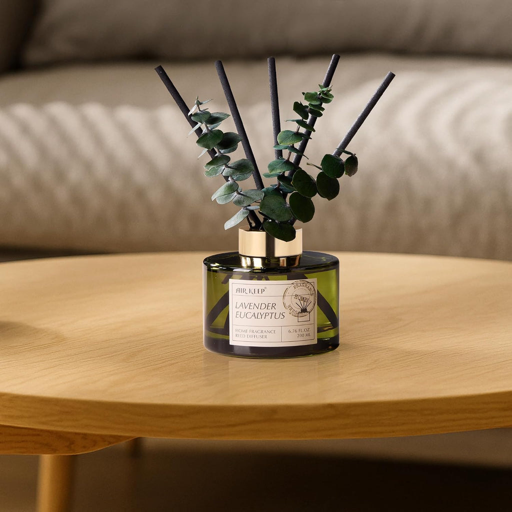 Airkeep Reed Diffuser Set with 6.76 fl oz Lavender Eucalyptus Scent Essential Oils and 3 Leaves & 8 Diffuser Sticks,Bathroom Shelf Decor & Air Freshener, House Bedroom Office Decor & Gifts
