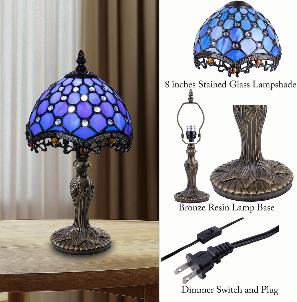 Small Tiffany Style 8 inch Blue Stained Glass Table Lamp