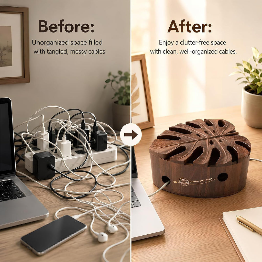 Acacia Wood Cable Management Box, Wooden Hider & Organizer for Power Strip