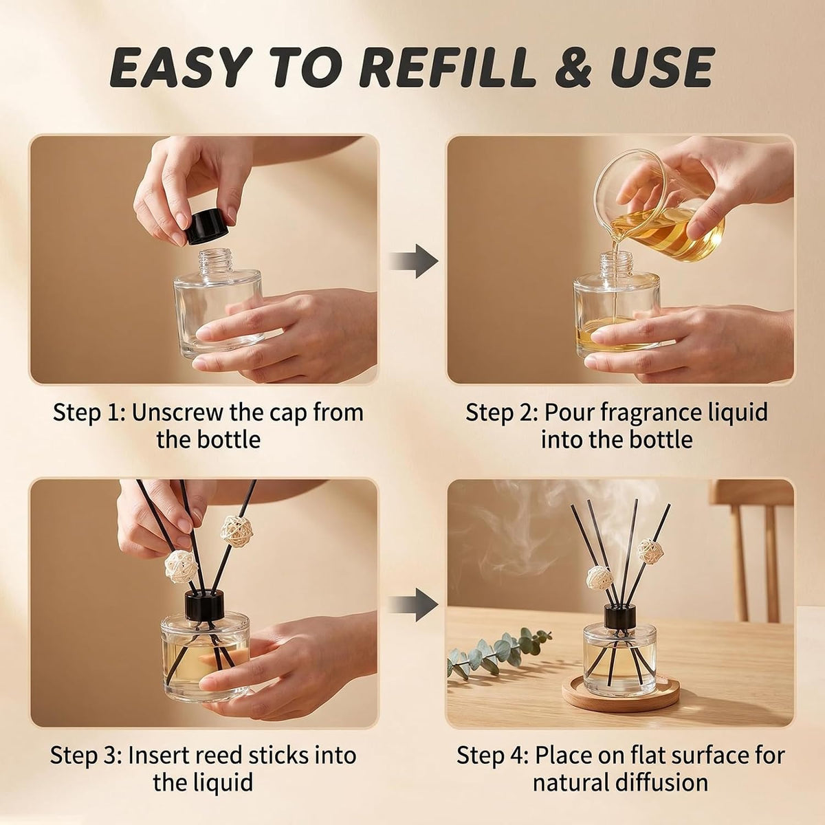 Set of 2 Glass Essential Oils Diffuser Bottles Fragrance Bottle Jars Containers for DIY Replacement Reed Diffuser Sticks Sets Essential Oils Crafts Decor (50ML Black Cap)