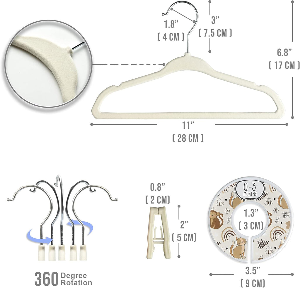 Babyrish Velvet Baby Hangers with 10x Clips and 8X Dividers (30 Pack) | 11” Ultra-Slim Baby Clothes Hangers | Non-Slip Felt | Space-Saving Nursery & Infant Closet Organizer | Beige