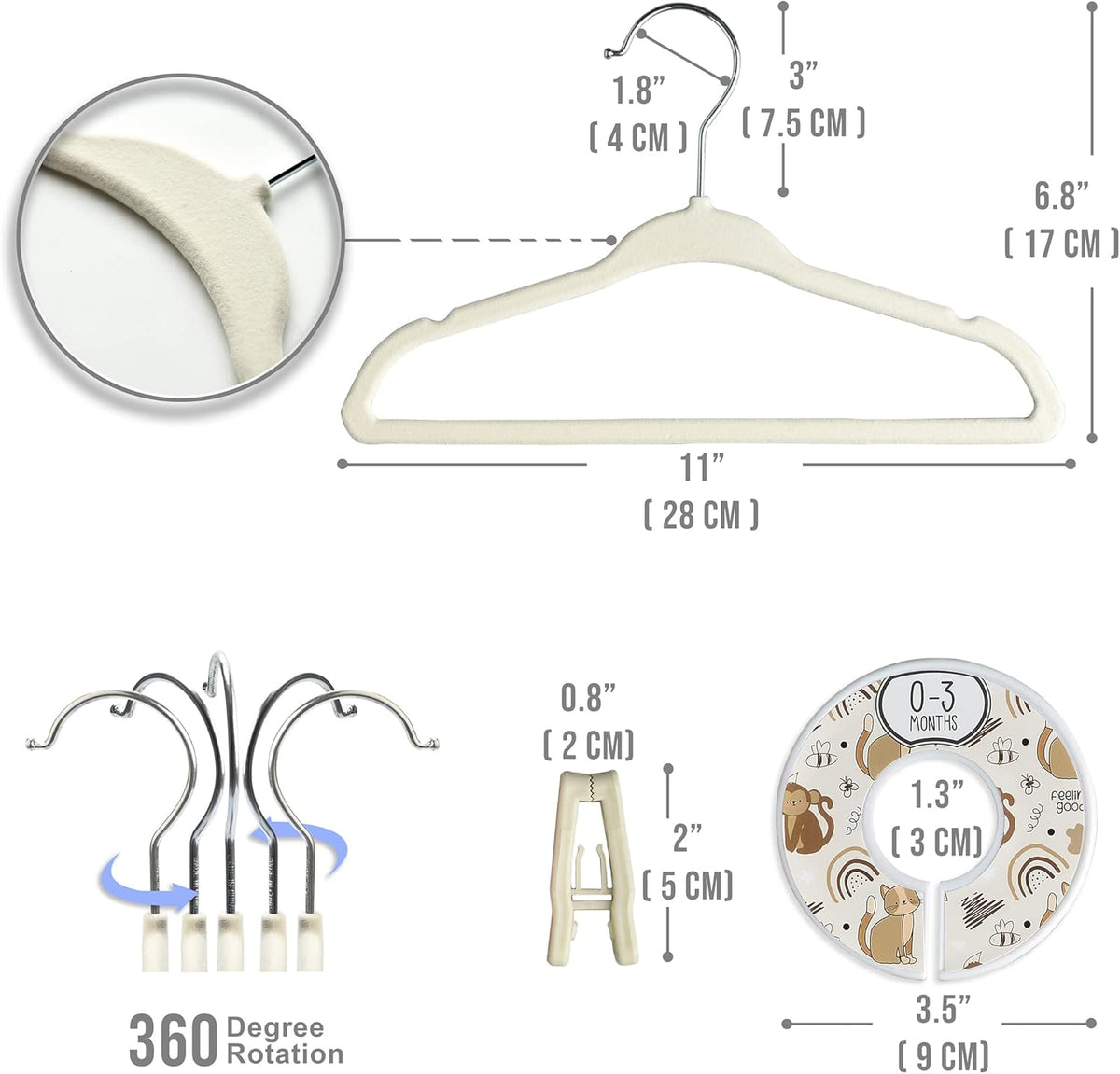 Babyrish Velvet Baby Hangers with 10x Clips and 8X Dividers (30 Pack) | 11” Ultra-Slim Baby Clothes Hangers | Non-Slip Felt | Space-Saving Nursery & Infant Closet Organizer | Beige