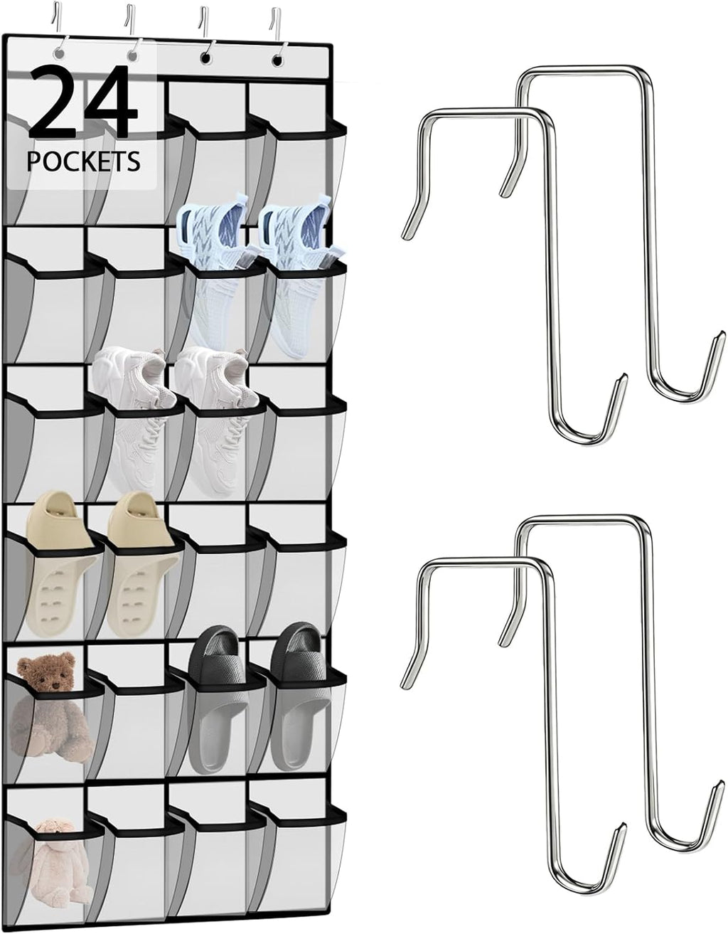 Over the Door Shoe Organizer - 24 Large Breathable Mesh Pockets, Space Saving Hanging Shoe Organizer with Metal Hooks, Hanging Shoe Rack for Men's and Women's Shoes (White)