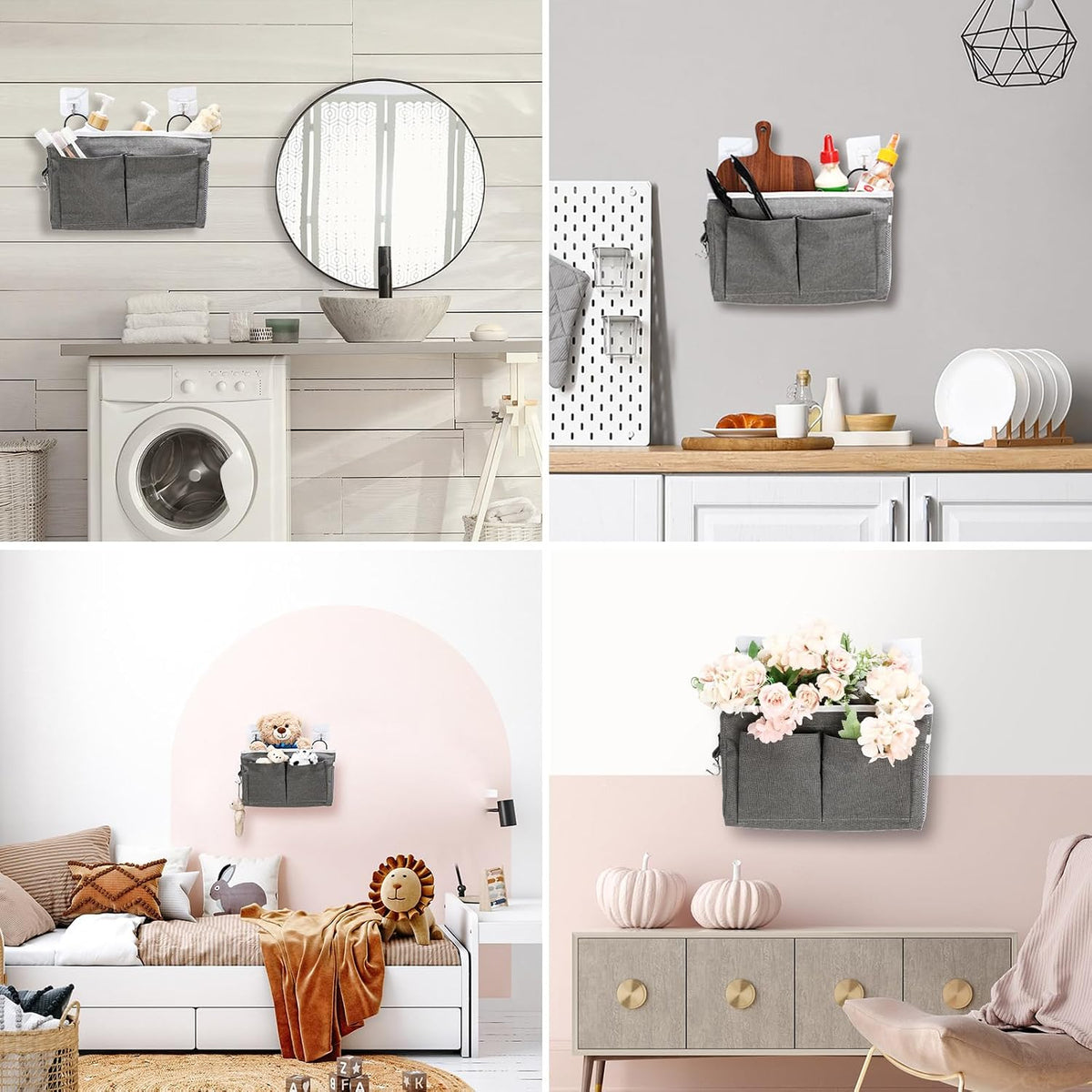 Berlune 6 Pcs Wall Hanging Storage Bag Wall Organizer Bag with Pockets and Hooks Linen Cotton Closet Hanging Organizer Basket for Bedroom Bathroom Dormitory, 11.4 x 7.5 x 4''(Pure)