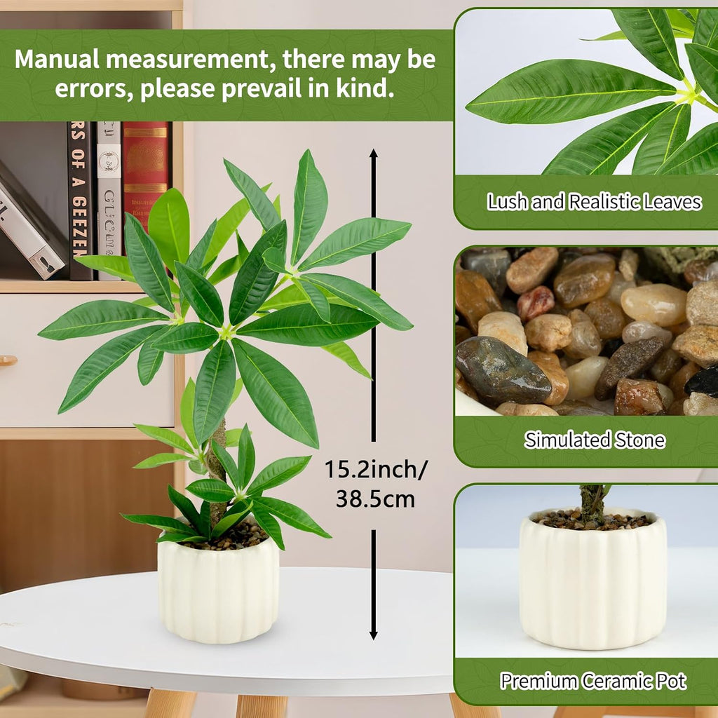 Small Money Tree Bonsai 15.2inch Artificial Desk Plant in White Ceramic Pot, Realistic Indoor Faux Potted Pachira Money Plant for Home Office Living Room Decor(Maintenance Free)