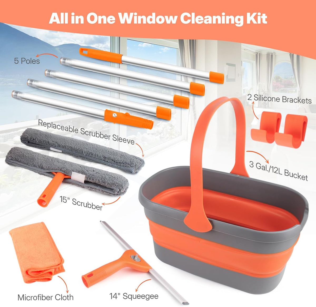 Professional Window Cleaning Kit with Collapsible Bucket for Home, Outdoor