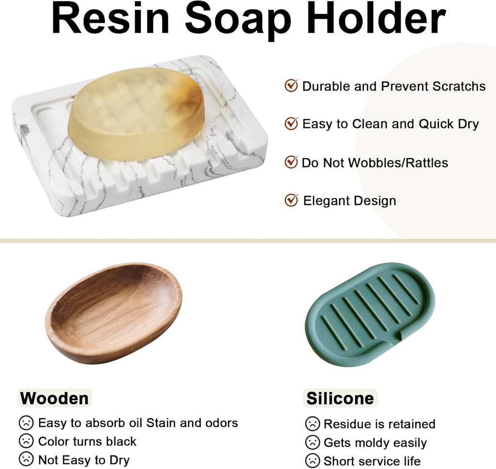 Resin Soap Dish Bathroom,Self Draining Marble Look Soap Holder for Shower,Soap Tray for Kitchen,Sink(Marble White)