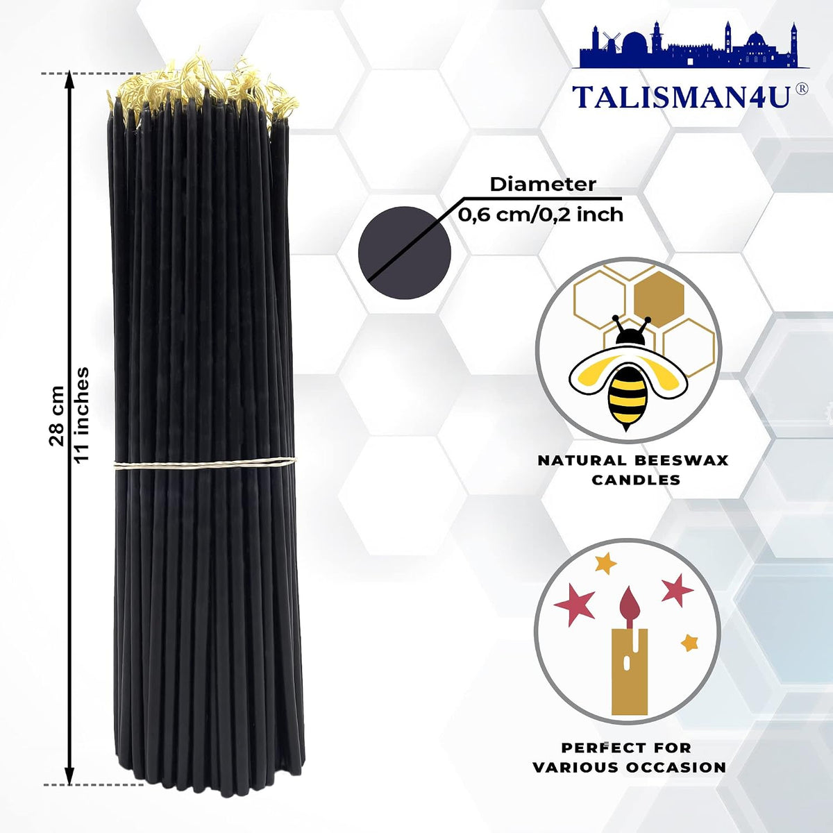 TALISMAN4U 50 Black Beeswax Taper Prayer Candles 11inch Holy Land Jerusalem