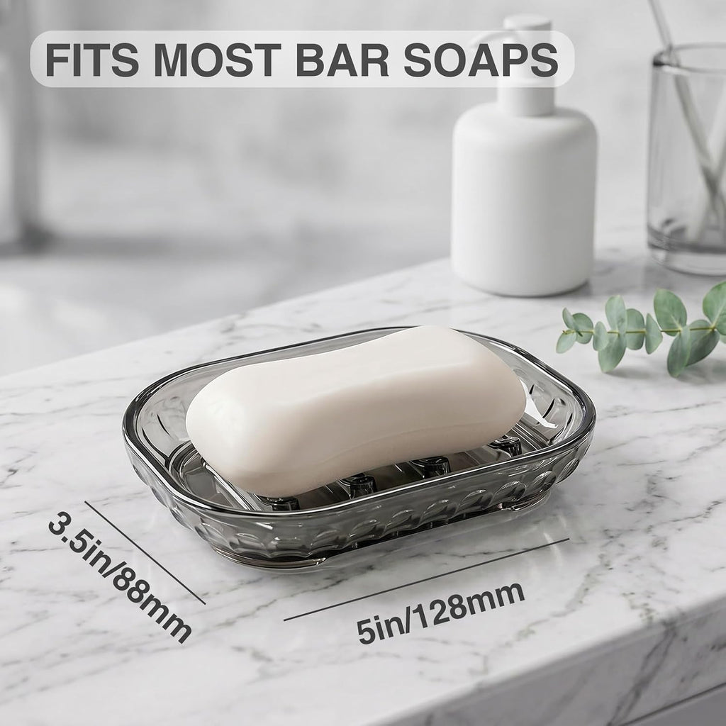 Smoky Gray Clear Soap Dish 3 Pack, Self Draining Bar Soap Holder with Raised Ridges, Modern Transparent Soap Tray for Bathroom Shower, Kitchen Sink, Bathtub, Quick Dry Soap Saver for Shower