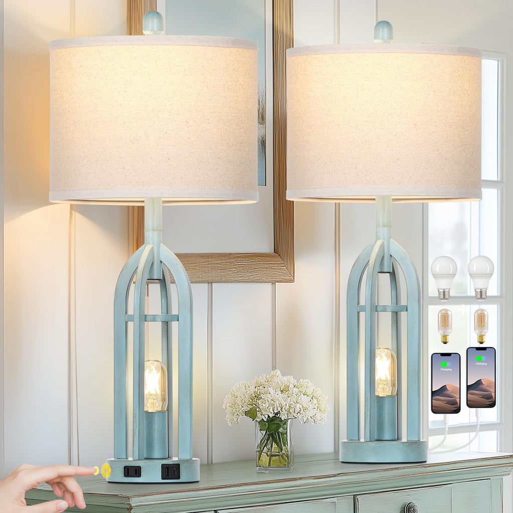 27" Farmhouse Table Lamps for Living Room,Blue Vintage Lamps Set of 2 with USB A+C Charging Ports & AC Outlet, Retro Nightstand Lamp with Fabric Shade for Bedroom, Entryway(4 Bulbs Included)
