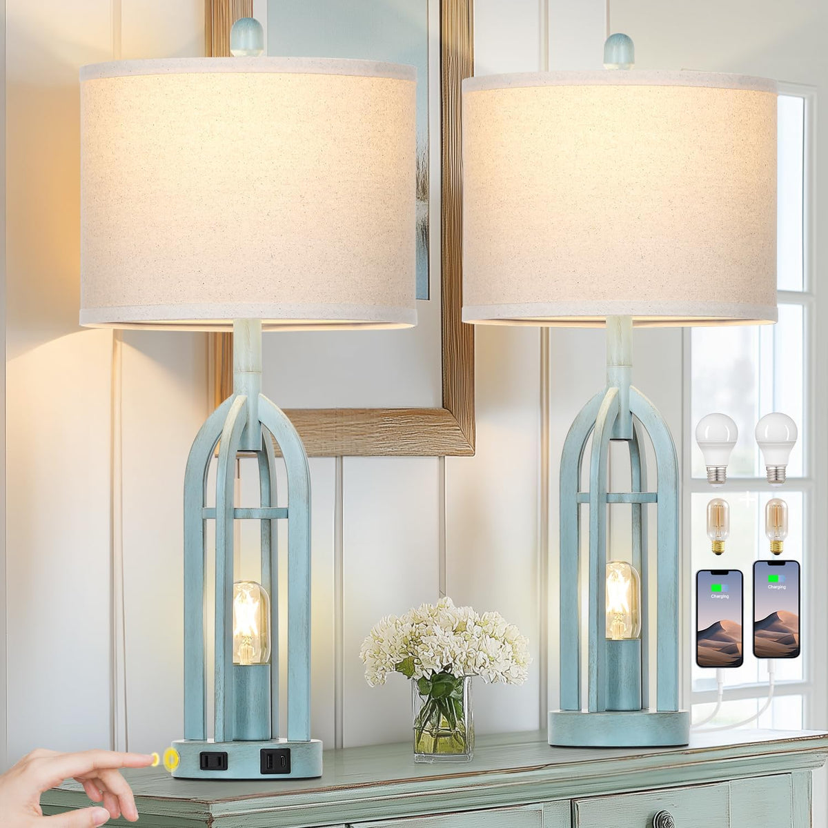27" Farmhouse Table Lamps for Living Room,Blue Vintage Lamps Set of 2 with USB A+C Charging Ports & AC Outlet, Retro Nightstand Lamp with Fabric Shade for Bedroom, Entryway(4 Bulbs Included)