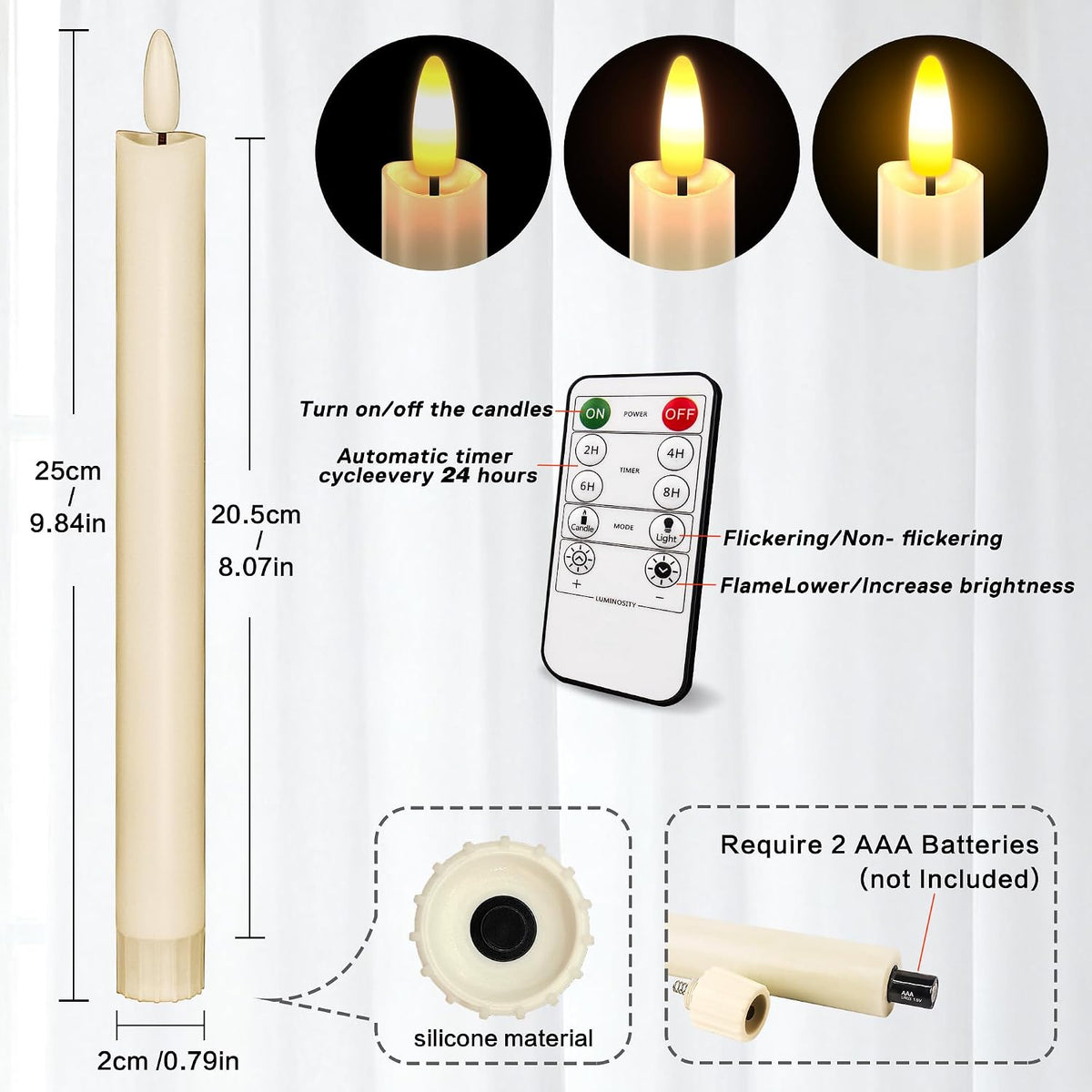 Flameless Taper Candles , Led Flickering Flameless Candlesticks (Ivory)