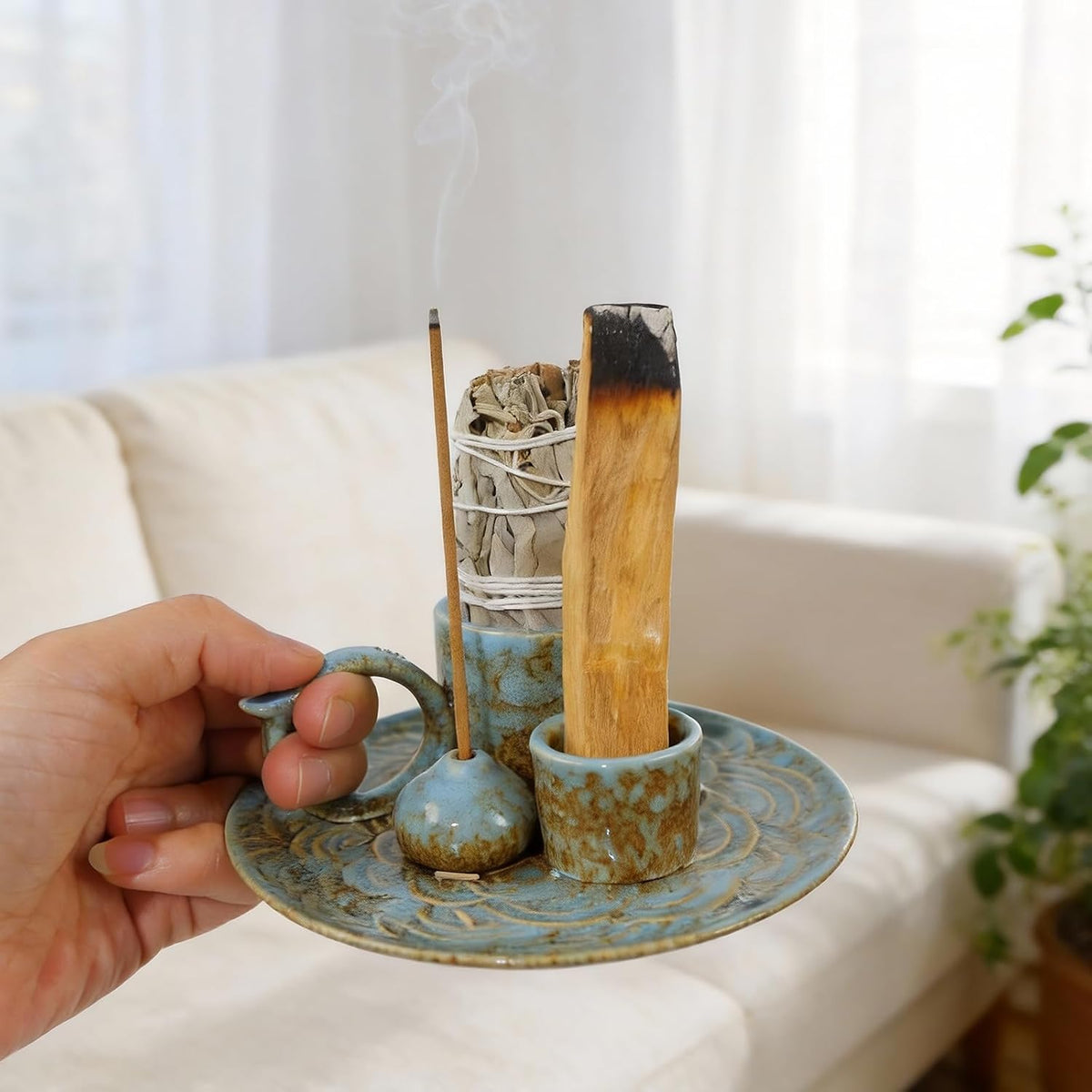 Tnstbiee 4-in-1 Blue Ceramic Palo Santo Burner, Small Smudge Tray Bowl