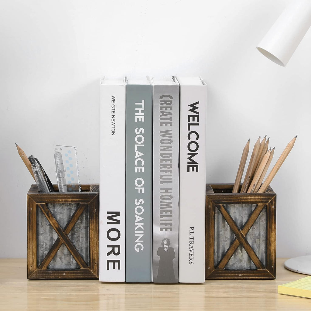 MyGift Rustic Bookends with Pen Holder, Wood & Metal Desk Organizer
