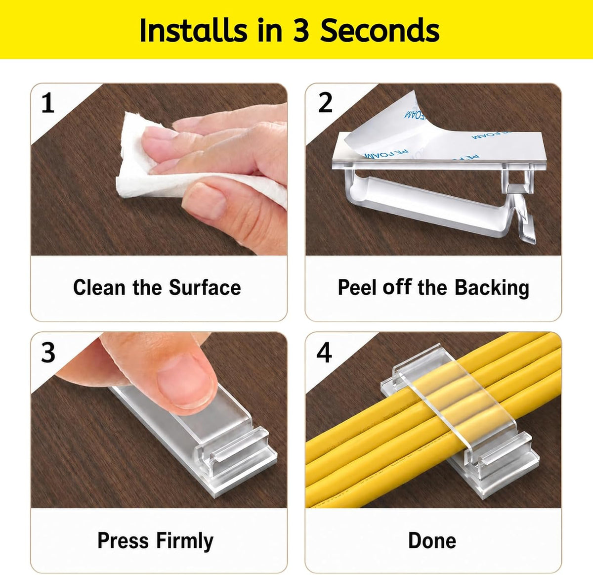 [70 Pcs] Adhesive Cable Clips, Cable Management Clips to Keep Desk Clean, Cord Clips Include 50 Small & 20 Large Adhesive Cable Organizer for Desk, Wall, TV, Home Office Essentials, Clear