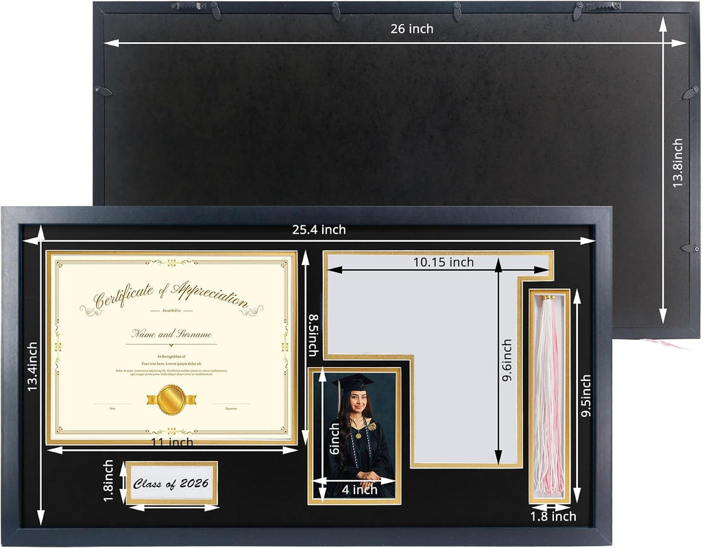 14x26 Black Shadow Box Diploma Frame with Graduation Cap & Tassel Holder for 8.5x11 Diploma and 4x6 Photo with MDF Wood and Plexiglass, Black Over Gold Mat for Wall, Graduation Keepsakes