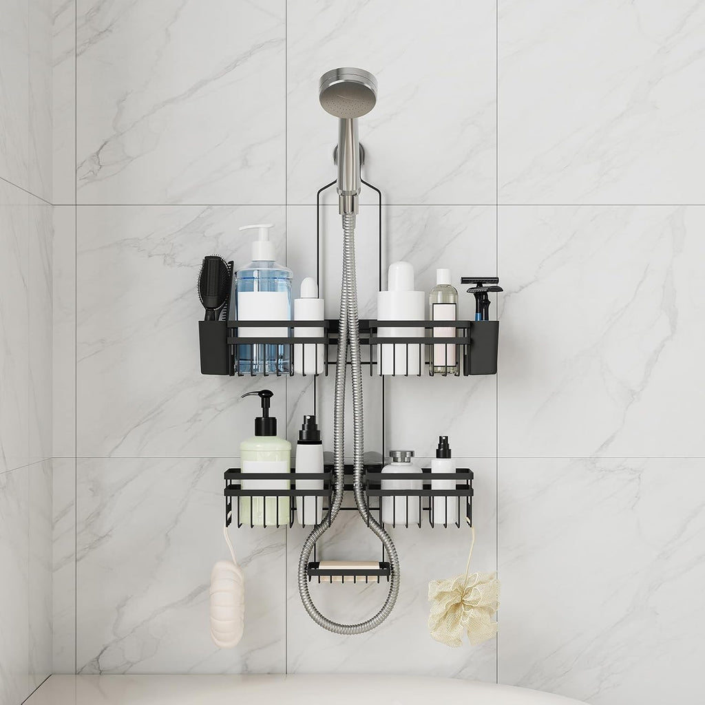 Shower Caddy Hanging for Bathroom Organizers and Storage - 3-Tier Adjustable Anti-Swing Shower Organizer Hanging with Heavy-Duty Suction Cups, Damage-Free Rustproof (Black)