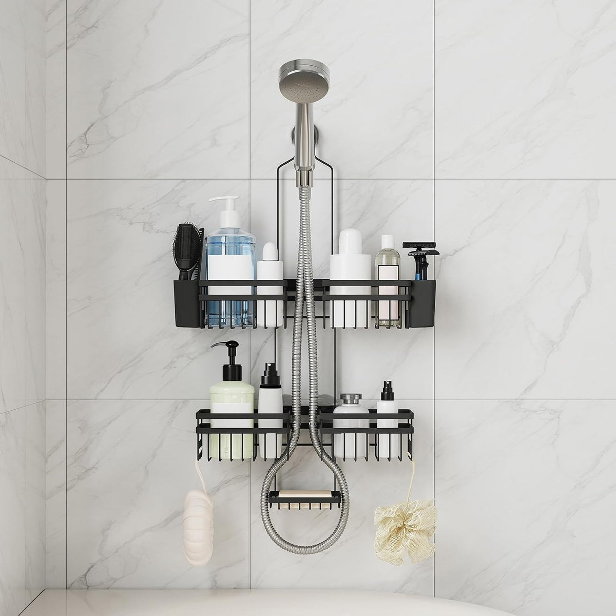 Shower Caddy Hanging for Bathroom Organizers and Storage - 3-Tier Adjustable Anti-Swing Shower Organizer Hanging with Heavy-Duty Suction Cups, Damage-Free Rustproof (Black)