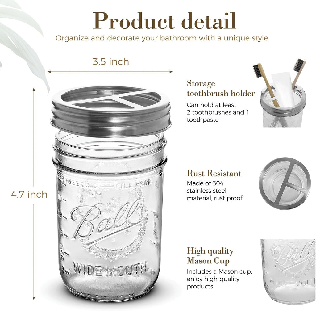 2Pcs Mason Jar Toothbrush Holder 16oz Glass with Premium Rustproof 304 Stainless Steel Lid-Farmhouse Bathroom Organizers and Storage（Silver）