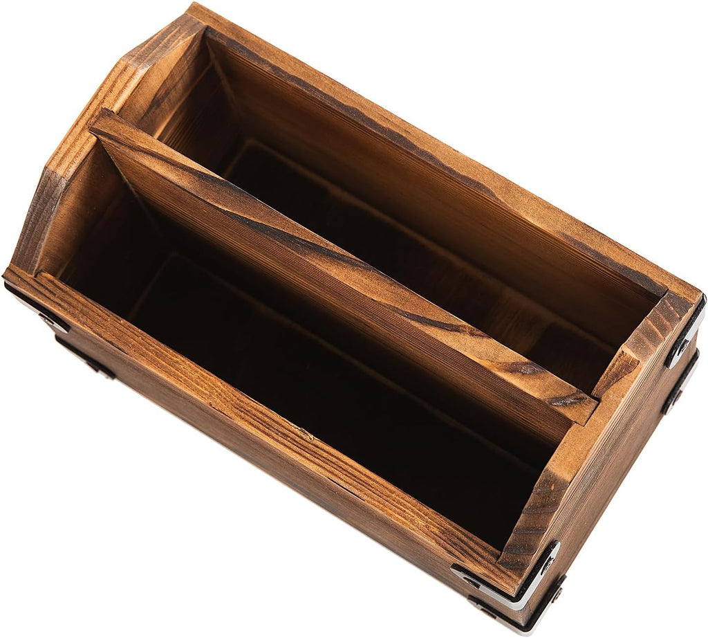 Brown Torched Wood Remote Control Organizer Burnt Wooden Tabletop Storage Caddy Two Compartment Holder TV Game Consoles Cell Phone Kitchen Utensils Office Supplies Living Room Home Bedroom