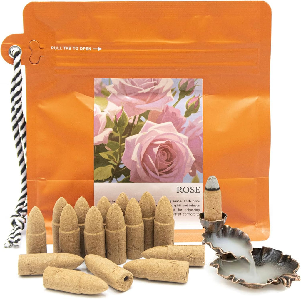 Rose Backflow Incense Cones - 50 Large Waterfall Back Flow Cones Scented - Includes 1 backflow Incense Burner