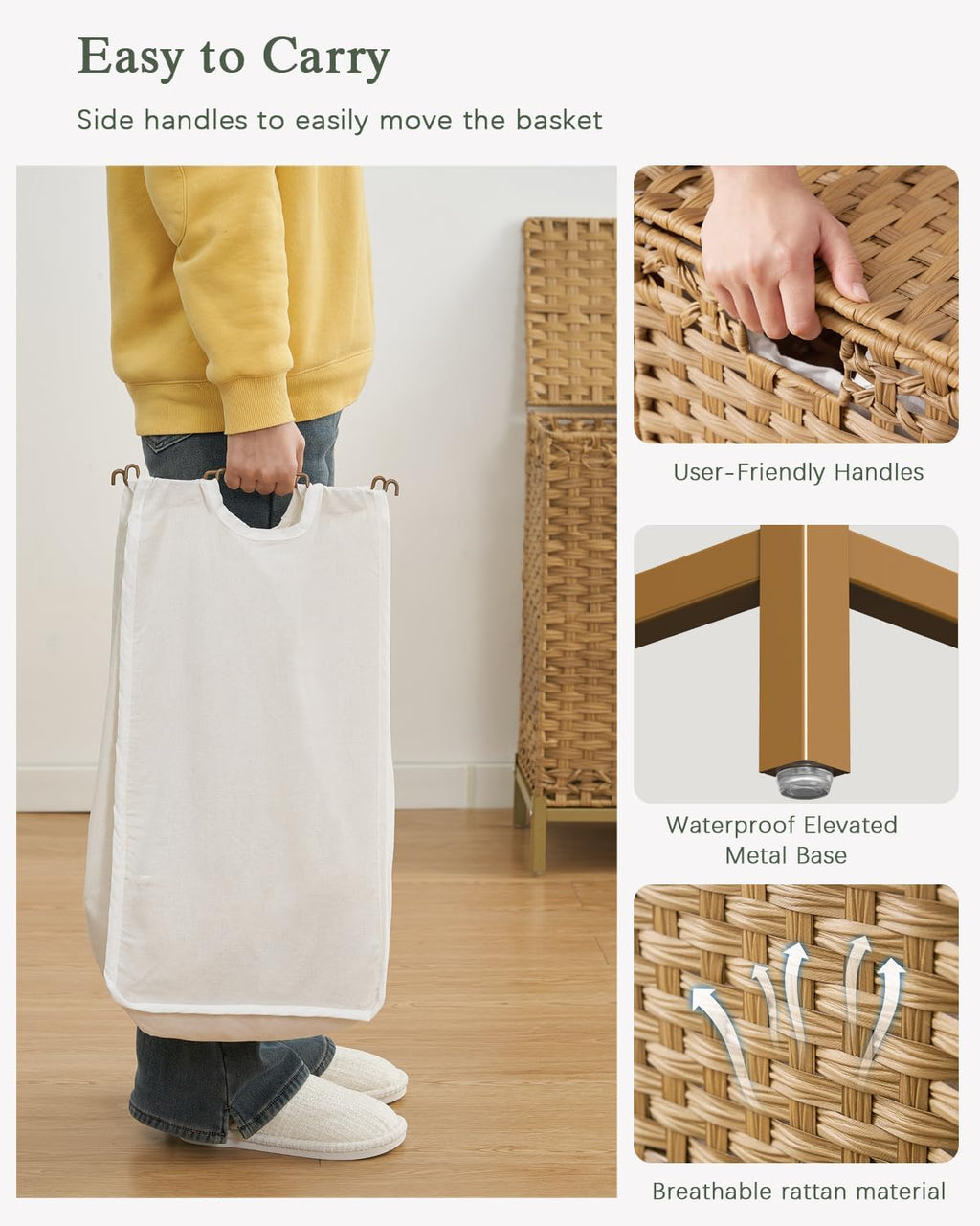 SETVSON Laundry Hamper with Lid, 35 Gal 3-Bag Clothes Sorter, Natural