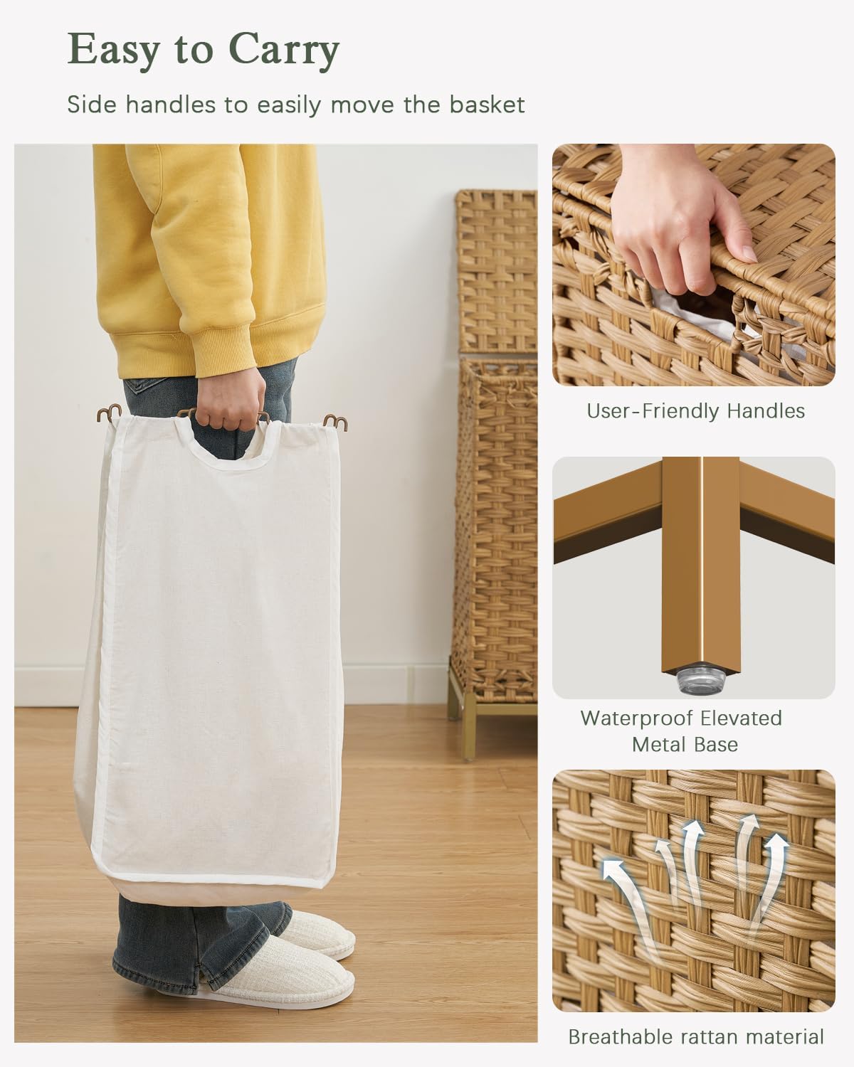 SETVSON Laundry Hamper with Lid, 35 Gal 3-Bag Clothes Sorter, Natural