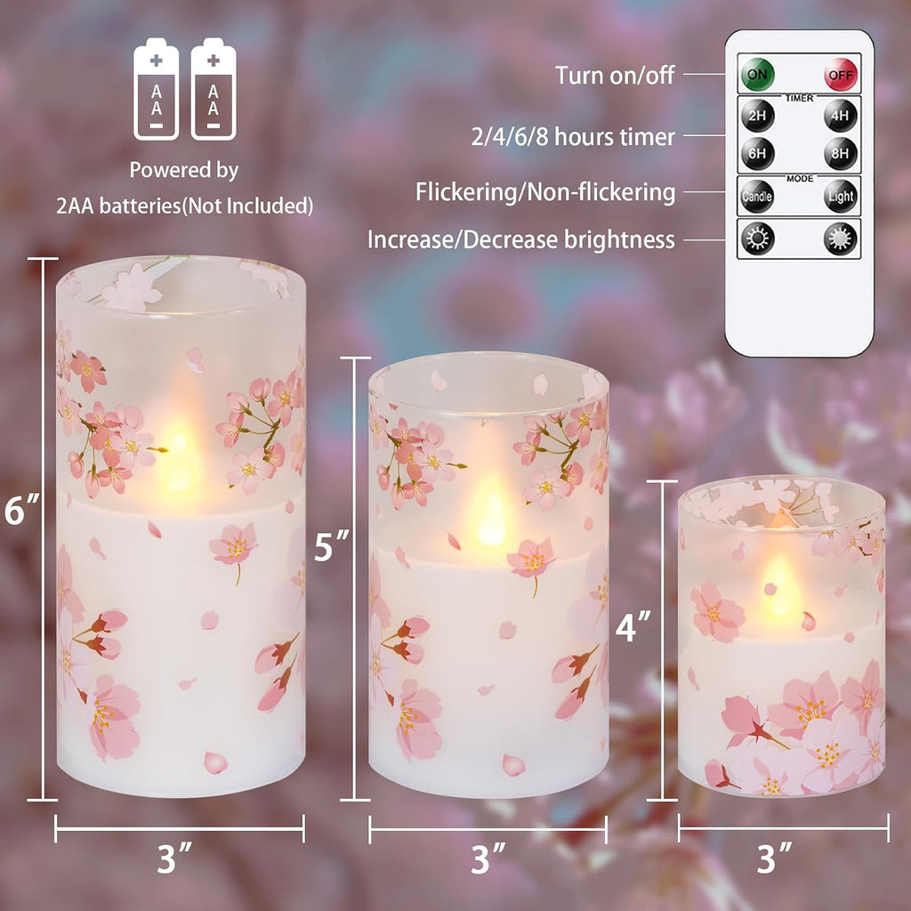 Flameless Flickering Glass Candles with Remote and Timer,Cherry Blossoms LED Battery Operated Real Wax Set of 3 Realistic Wick Electric Pillar Candles,Warm Fire(3 x 4, 5, 6 Inches)