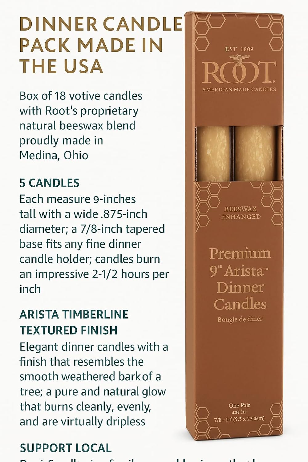 Root Candles 2-Count Unscented Dinner Candles Rustic Dripless Beeswax Blend Timberline Arista Candles, 9-Inch, Beeswax
