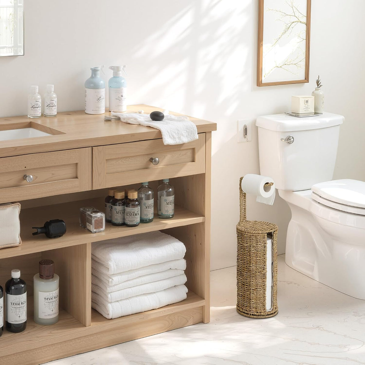 StorageWorks Wicker Freestanding Toilet Paper Holder Stand with Storage
