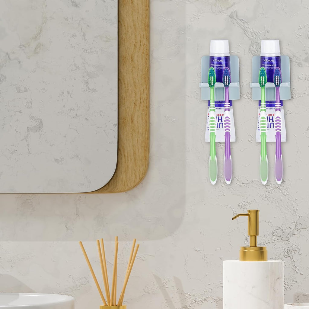 2 PCS Self-Adhesive Toothbrush Holders Wall Mounted, Water Proof Toothbrush Hook, 3 in 1 with Toothbrush Hanger Toothpaste Holder and Gargle Cup Holder for Bathroom Shower (Blue)