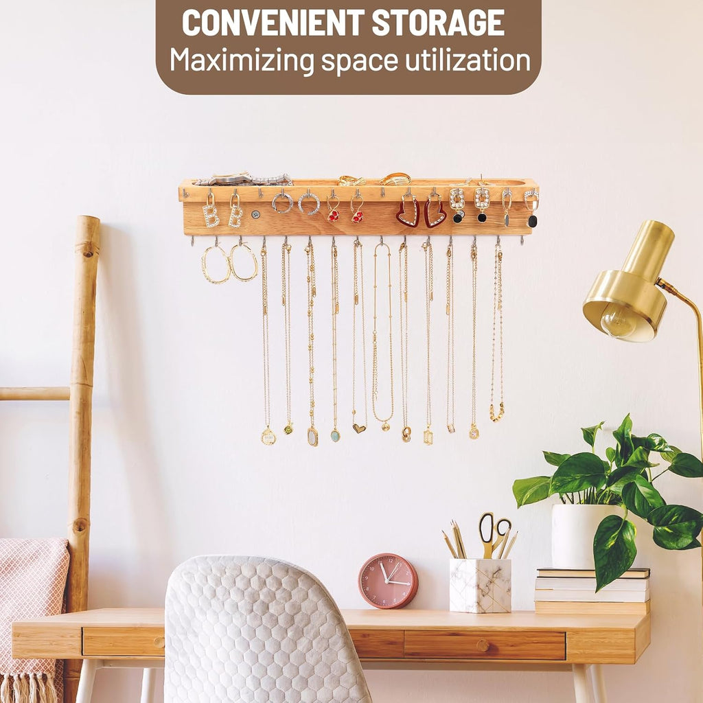 Necklace Holder Wall Mount,Jewelry Organizer with 30 Hooks,Natural Wood