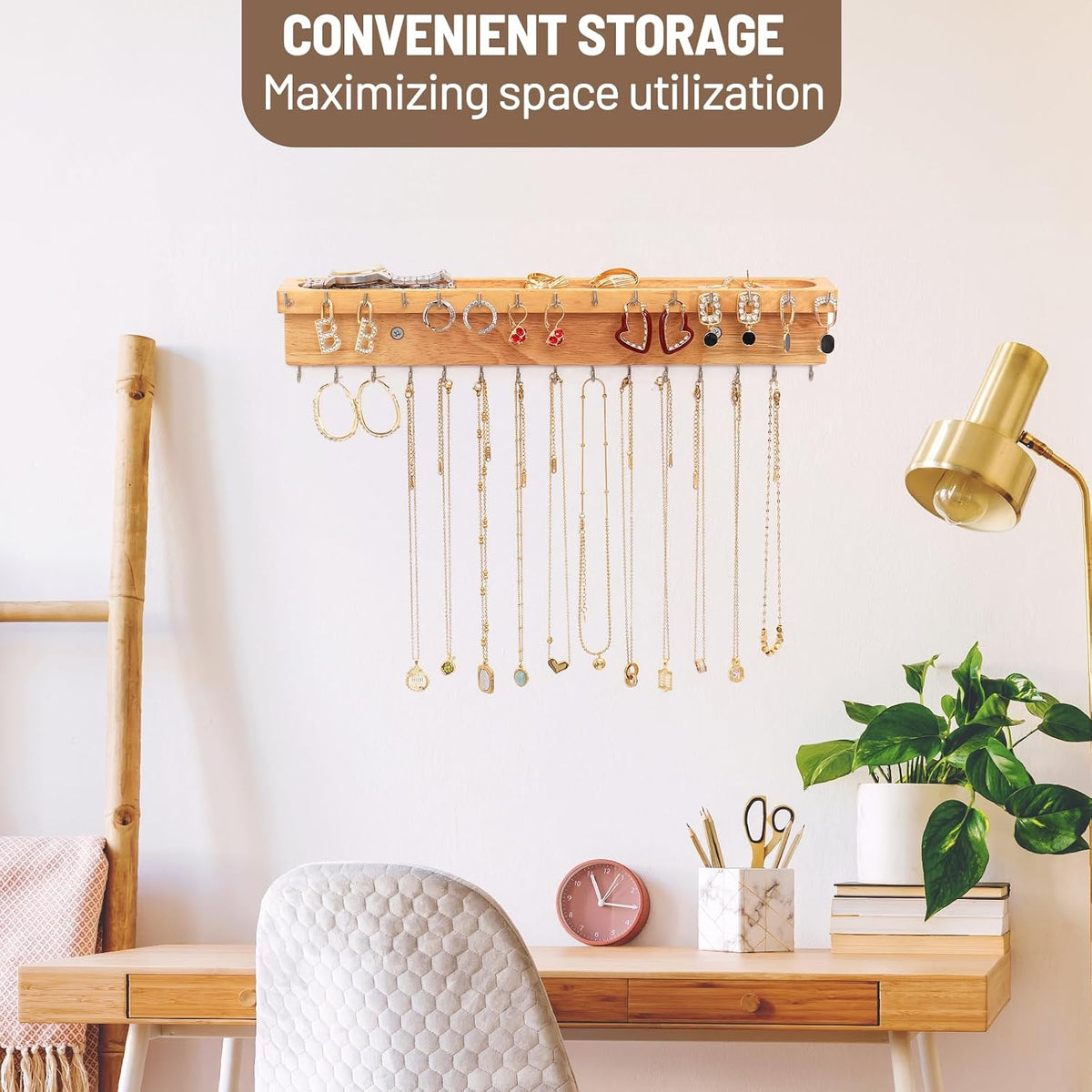Necklace Holder Wall Mount,Jewelry Organizer with 30 Hooks,Natural Wood