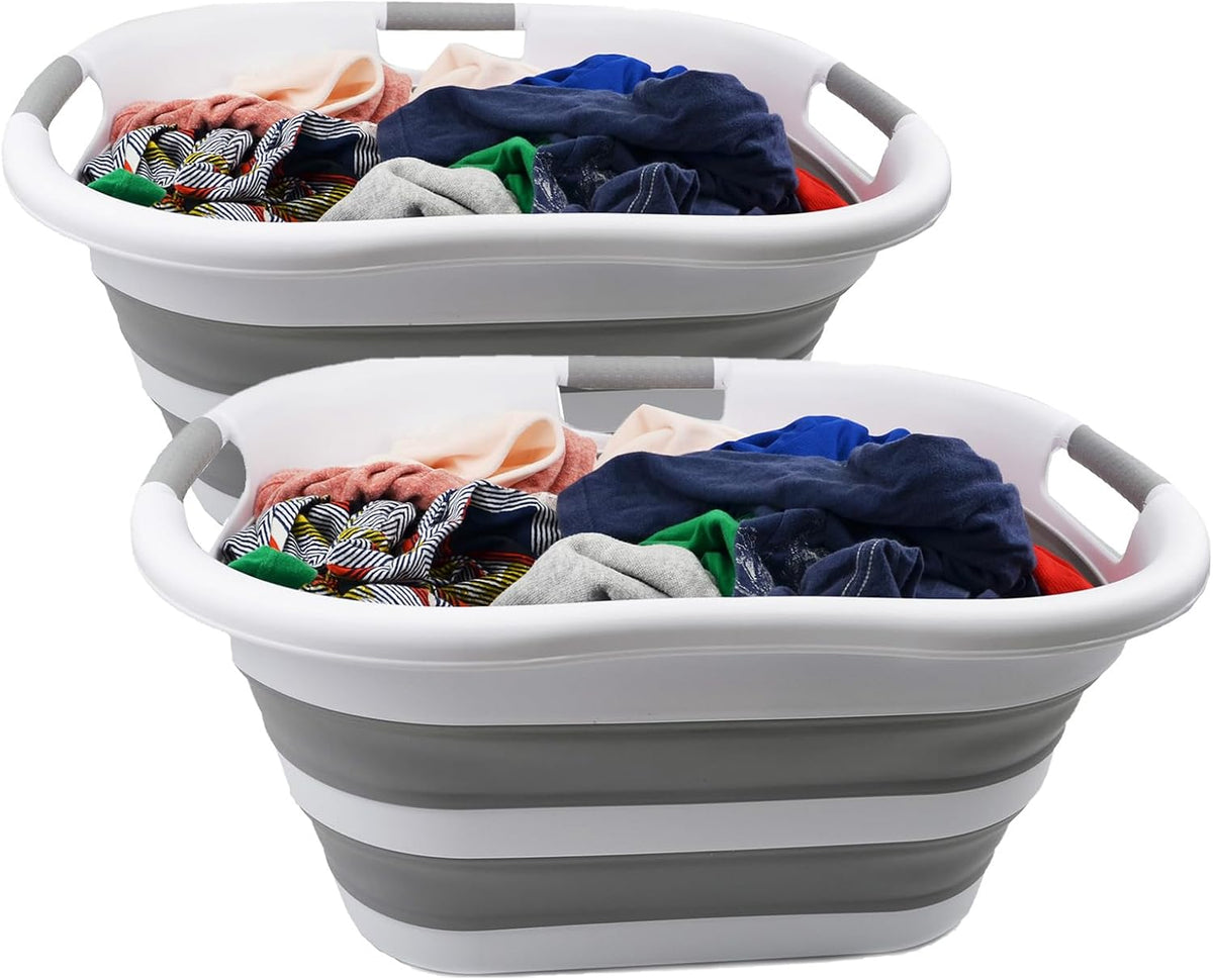SAMMART 40L (10.5 gallon) Collapsible Plastic Laundry Basket - Space Saving Storage Container/Organizer - Portable Washing Tub - Foldable Pop Up Hamper/Basket (2, White/Grey)