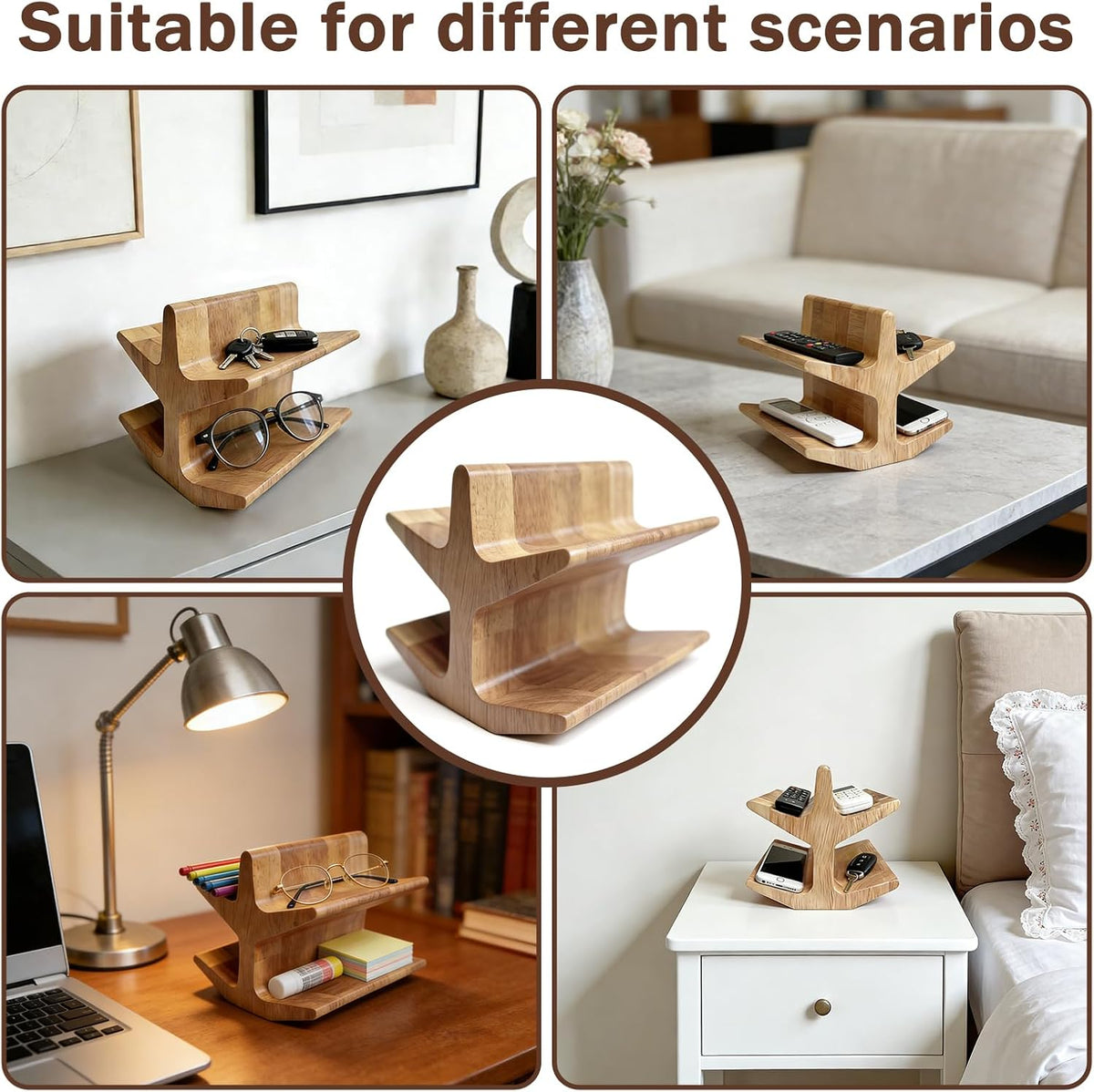 Wooden Remote Control Holder - TV Accessories & Glasses - Universal Living Room, Bedside Table or Office Desk Organizer in Natural Wood Finish (Wood grain brown)