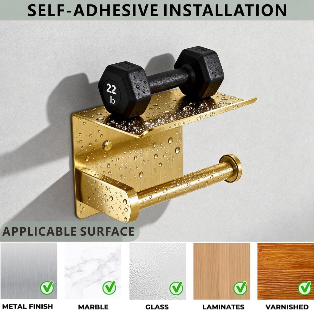 Toilet Paper Holder with Shelf, Heavy-Duty Stainless Steel Bathroom Hardware, Self-Adhesive No-Drill/Drill-Mount Wall-Mounted Roll Holder, Rust-Proof Bathroom Tissue Rack (Gold)