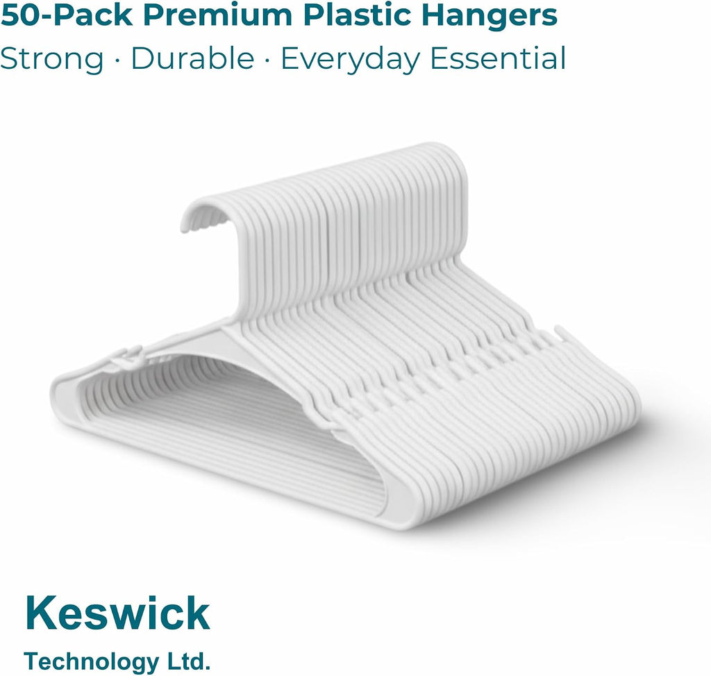 50 Pack White Plastic Hangers, Space Saving Closet Hangers with Non-Slip Notches, Durable Slim Hangers for Shirts, Dresses, Jackets, Pants