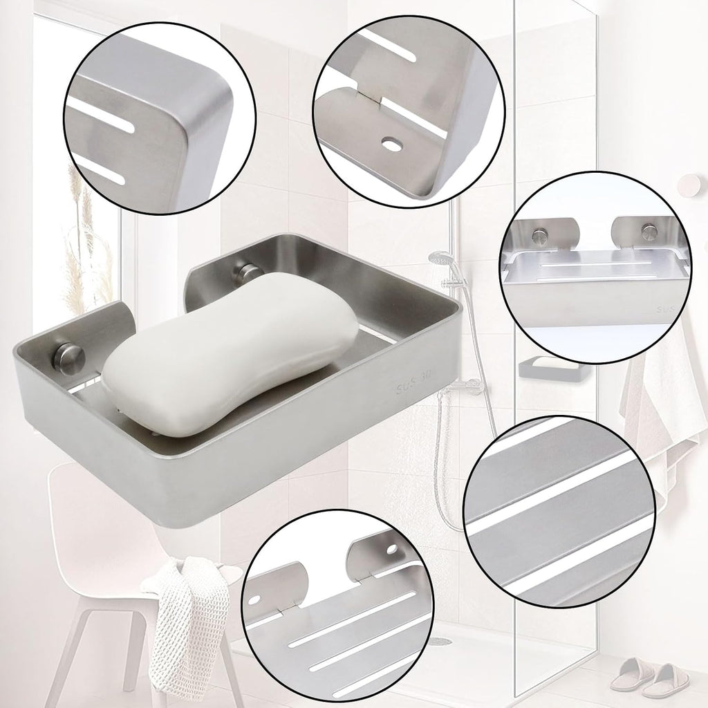 Soap Dish Stainless Steel Silver Soap Dish Holder Wall Mounted Shower Soap Holder with Screws, Sturdy Soap Dish for Bar Soap Stylish Soap Dish Holder (Medium, Silver) (Pack of 2)