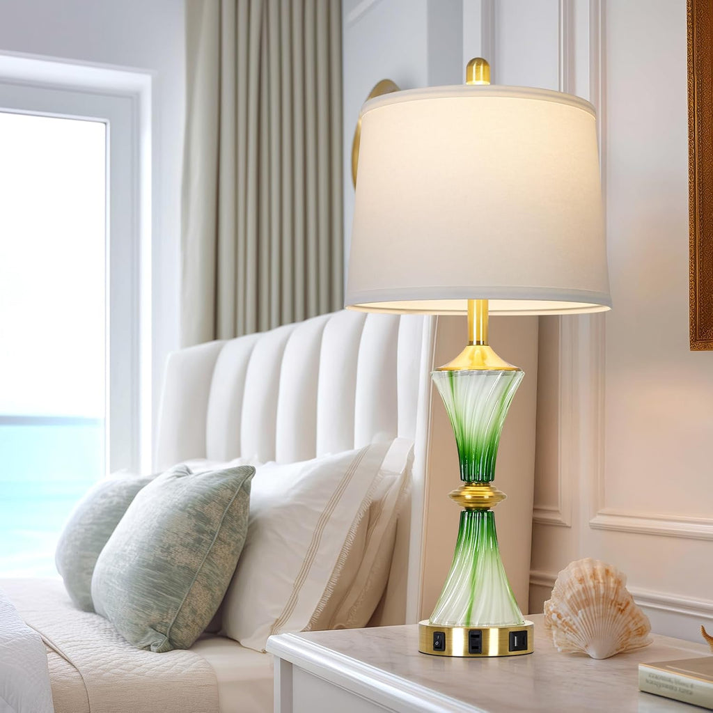 Rinweey Green Glass Table Lamp Set of 2 with USB C+A Ports & AC Outlet, Bedside Lamp, Modern Bedroom Lamps, Coastal Lamp for Night Stands Bedroom Living Room,Nightstand Lamp LED Bulbs Included