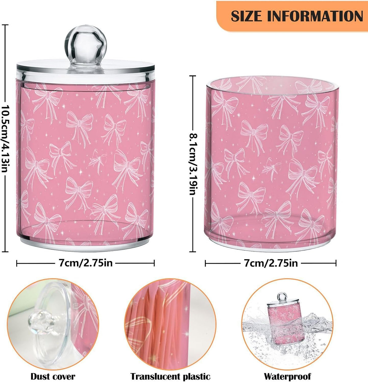 Pink Bows Qtip Holder for Cotton Ball Swab Acrylic 2 Packs