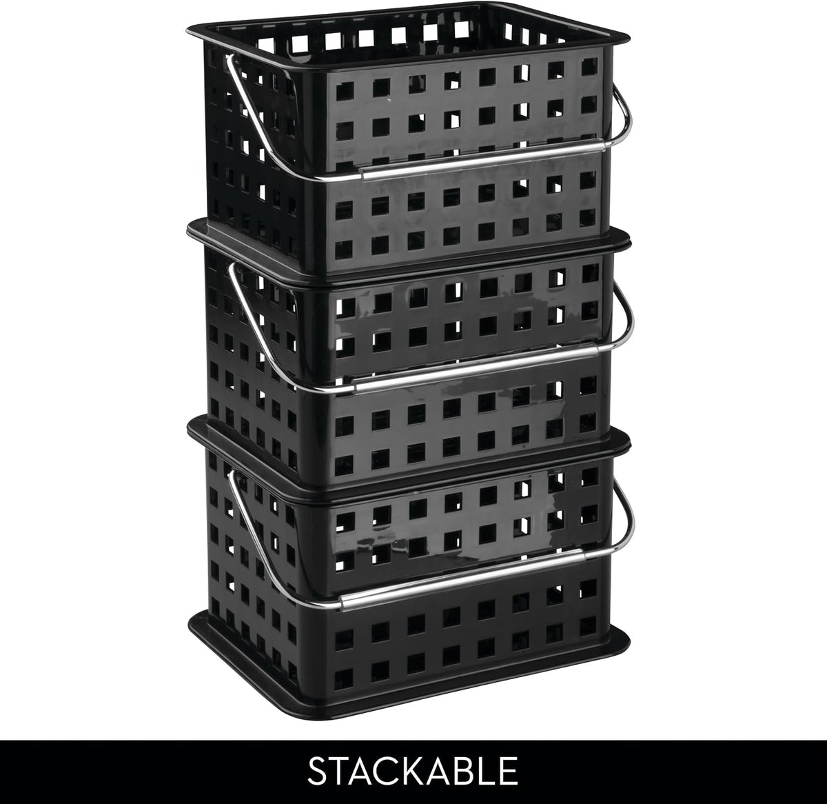 iDesign Stackable Shower Basket with Handle, Black, Set of 3