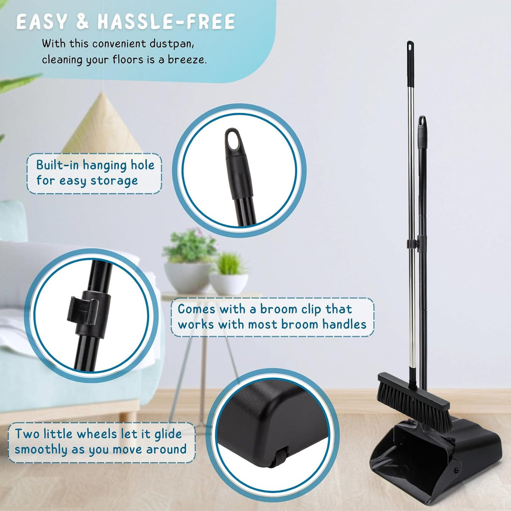3 Pack Dustpan with Long Handle, 37’’ Heavy Duty Upright Dust Pan