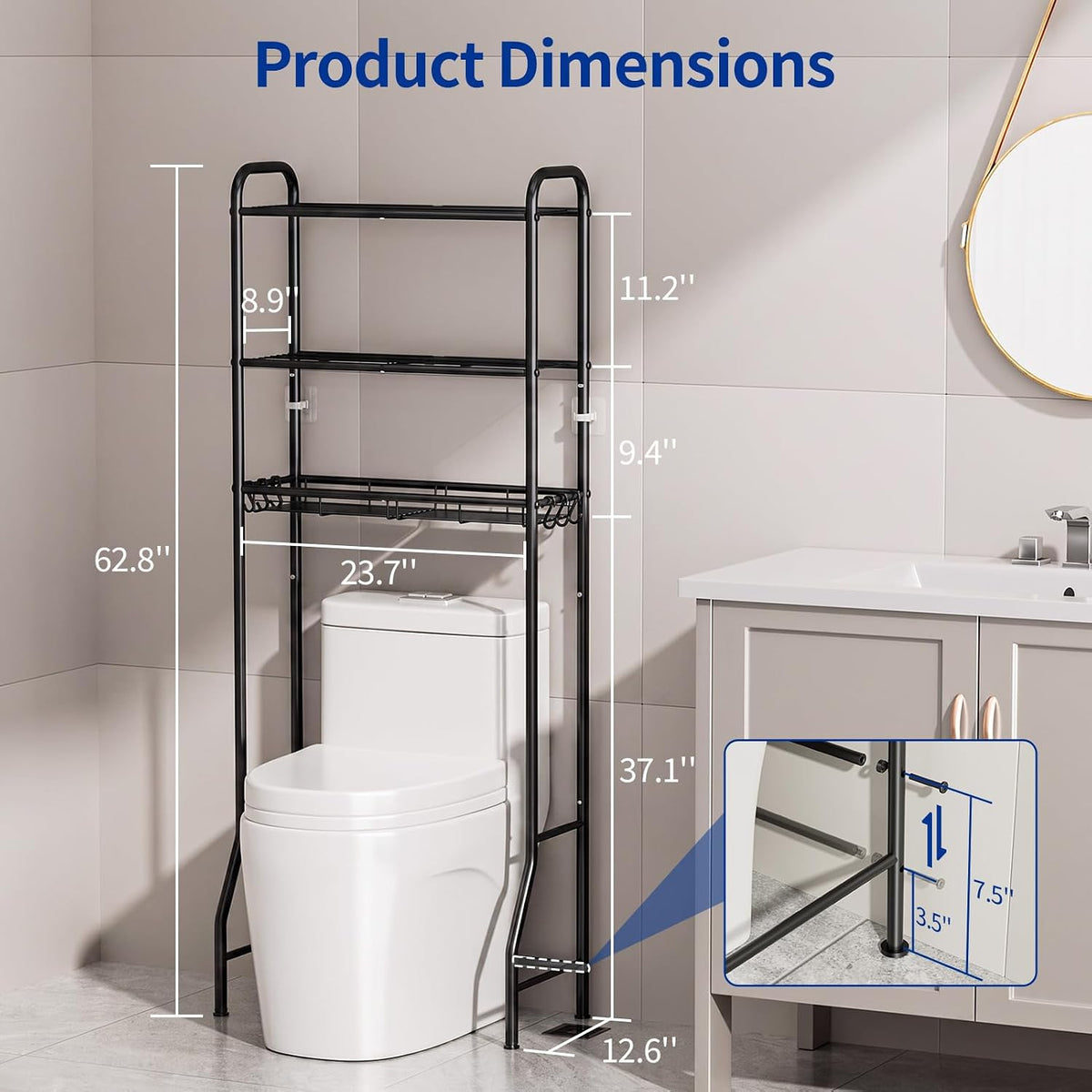 Delamu Over Toilet Storage Rack, 3 Tiers (62.8" H) Bathroom Organizer Shelf