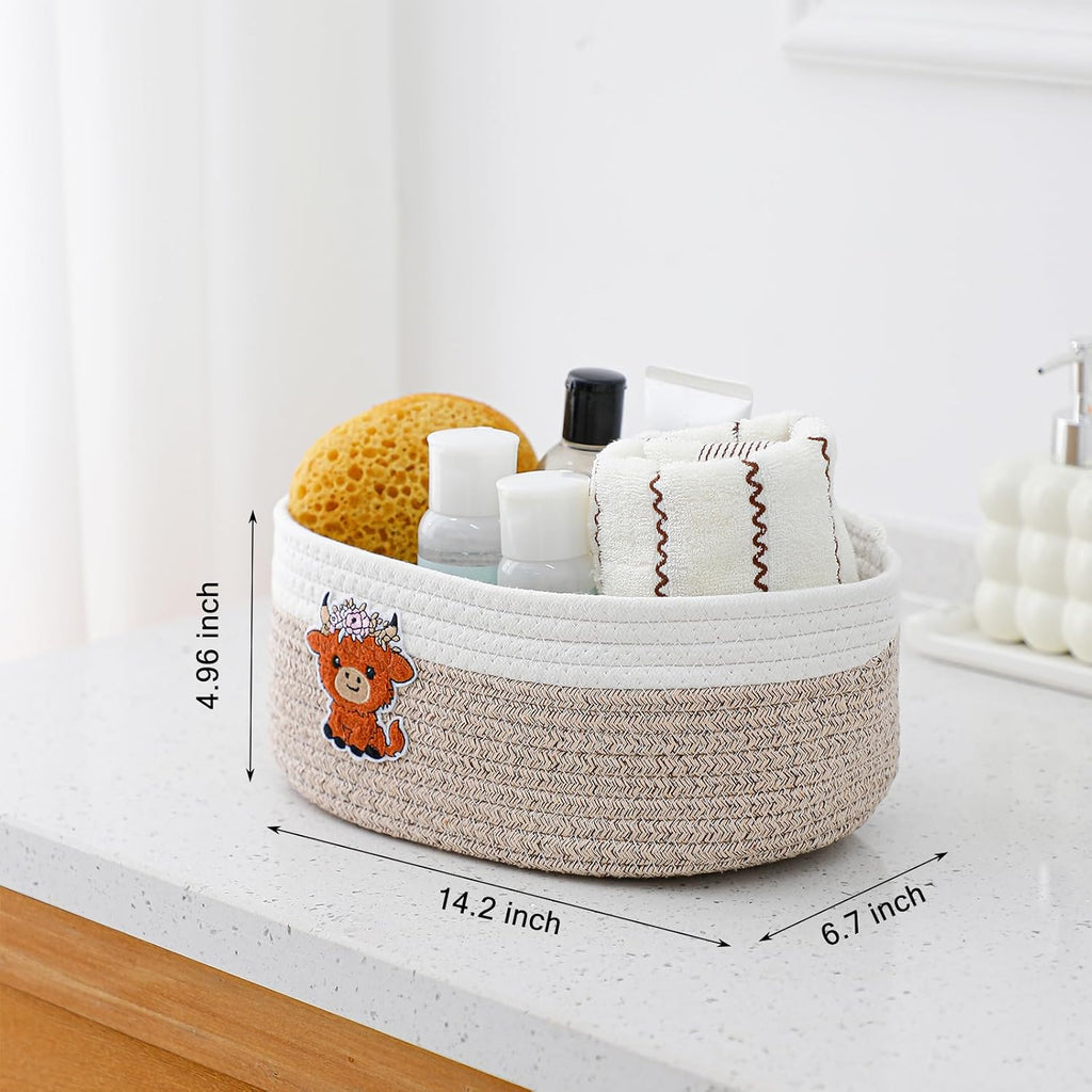Geelin 3 Pcs Highland Cow Baskets for Gift Cute Farmhouse Brown Woven Rope Gift Baskets Shelf Organizer Laundry Hamper Storage Bin for Closet Bedroom Decor Nursery Toy Organizing, 11.8''x7.8''x4.7''