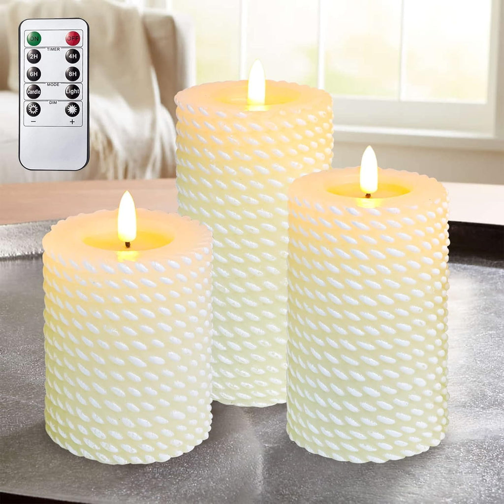Crystal Club White Flameless Candles, Corded Pattern Carving Design