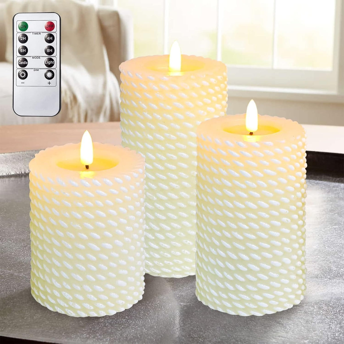 Crystal Club White Flameless Candles, Corded Pattern Carving Design