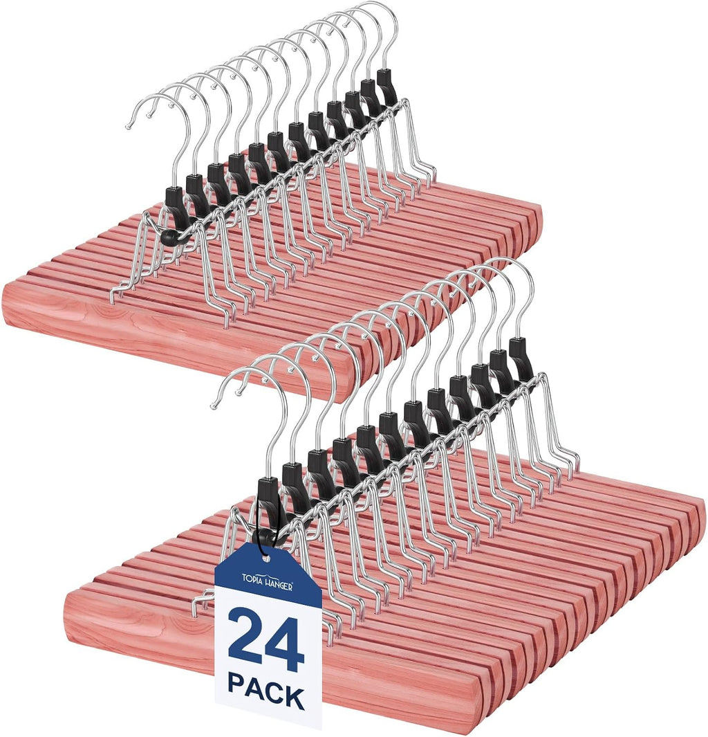 TOPIA HANGER 24 Pack Cedar Pants Hangers, Hair Extension Hangers Non Slip Skirt Hanger Wood Clamp with Velvet Padded 360° Swivel Hook for Jeans, Skirts, Trousers, Wigs CT68C