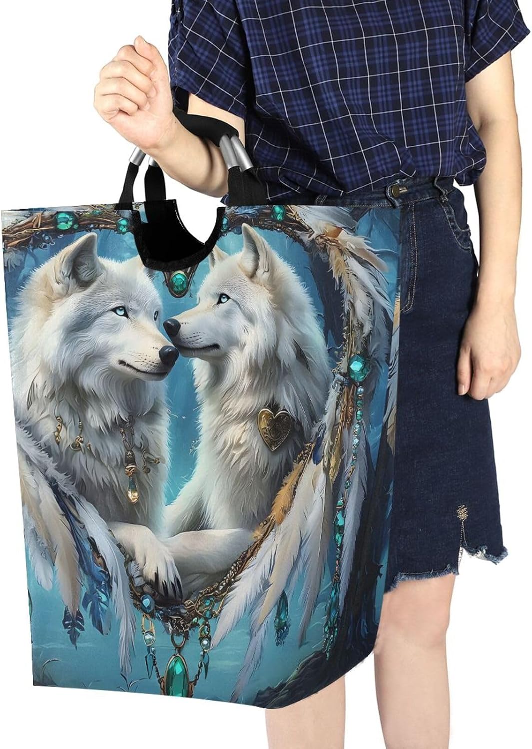 ALAZA Arctic Wolf Dreamcatcher Large Laundry Hamper Basket Laundry Bag Stylish Collapsible Oxford Cloth Home Storage Bin with Handles, 22.7 Inch